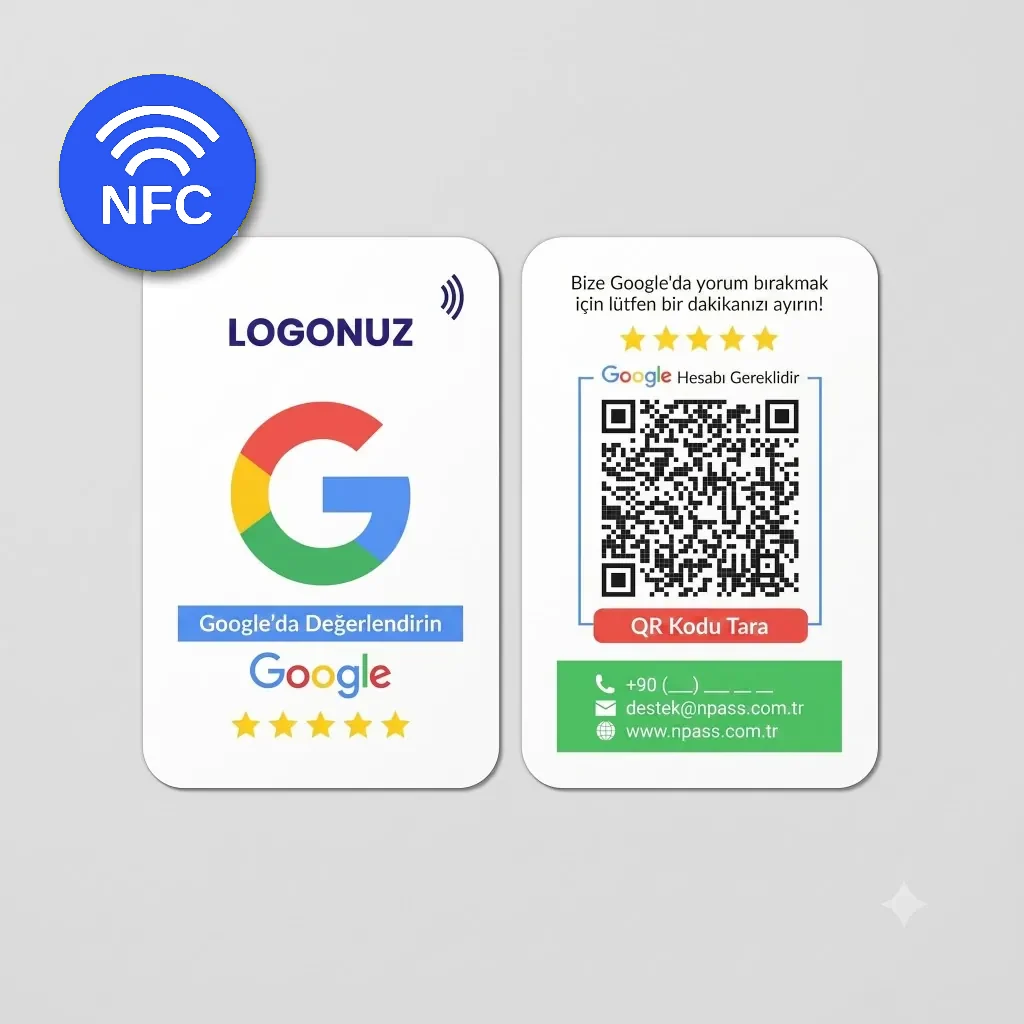 Google yorum kartı ön ve arka yüz NFC rozetli ürün görseli
